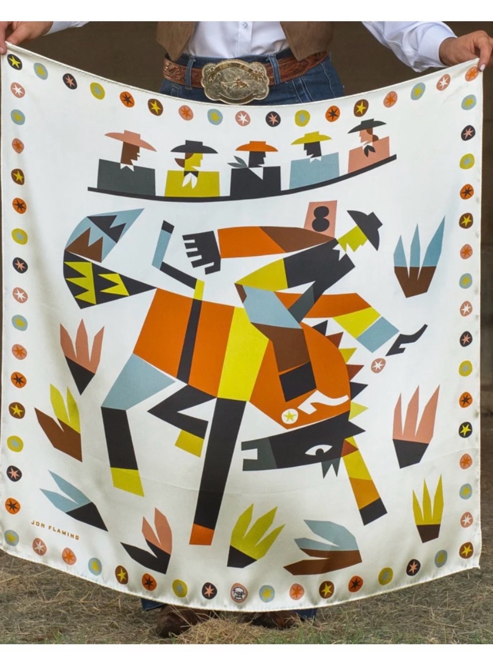 Jon Flaming V&E Geometric Western Rodeo Silk Scarf in Orange, Yellow, Blue